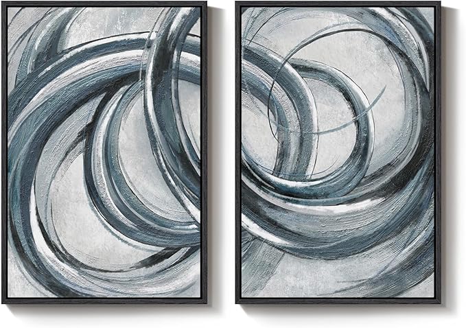 Framed Blue Gray Abstract Wall Art Set of 2, Modern Circle Line Canvas Artwork