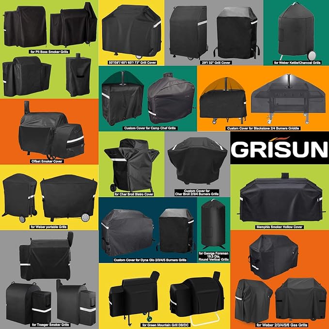 Grisun Grill Cover for Oklahoma Joe's Rider 900 & Rider DLX Grills, Anti-Fade Waterproof Charcoal Offset Smoker Cover, Strap for Fix, Fabric Handle for Easy Put On and Take Off, 600D Material, Black