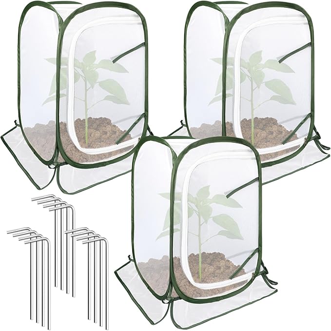 Augshy 3 Pack Pop Up Plant Covers Plant Protectors Tent Mesh Plant Protectors from Animals and Birds Garden Net Cage with Stakes for Protect Outdoor Plants Vegetables Flowers Shrubs 13"x13"x20"