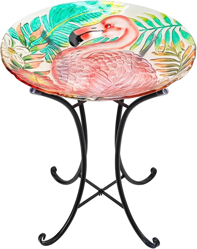 VCUTEKA 18" Outdoor Glass Birdbath with Sturdy Metal Stand for Lawn, Yard, or Garden Decor Bird Lovers Gift, Flamingo Bird Bath Detachable, 22" Height