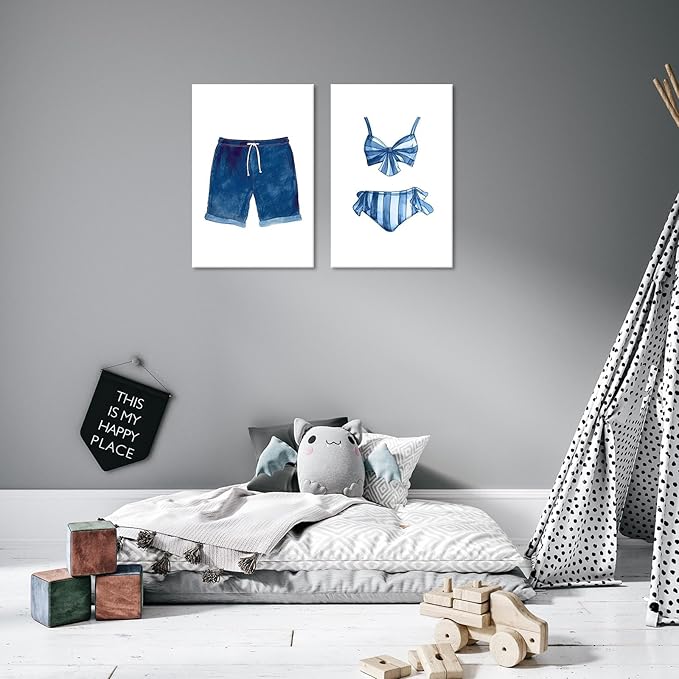 Liyark Set of 2 Retro Navy Blue And White Swimsuit Art Posters Beach Bathing