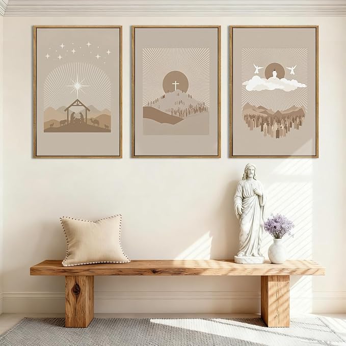IARTTOP Extra Large Jesus Framed Wall Art 24x36 Inch Set of 3 Easter Brown Nativity Christian Canvas Wall Decor Grey Bible Verse Artwork for Church Living Room Bedroom