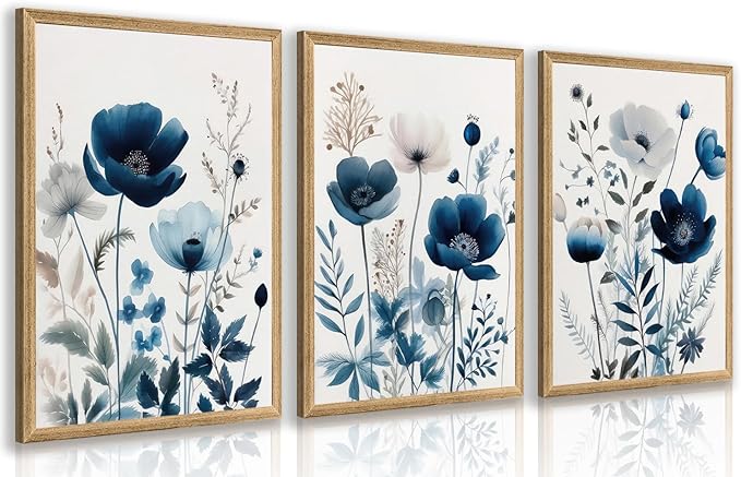LLEEMPI Navy Blue Floral Wall Art Set of 3, Modern Wildflower Wall Decor