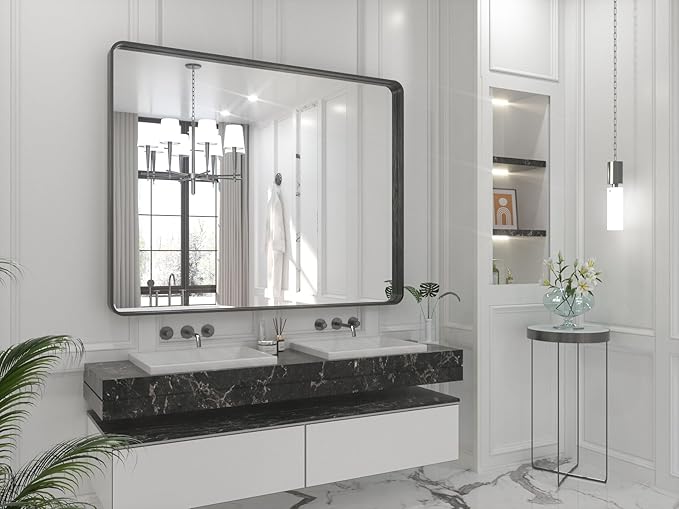 TETOTE 48 x 40 Inch Black Frame Mirror, Bathroom Vanity Mirror