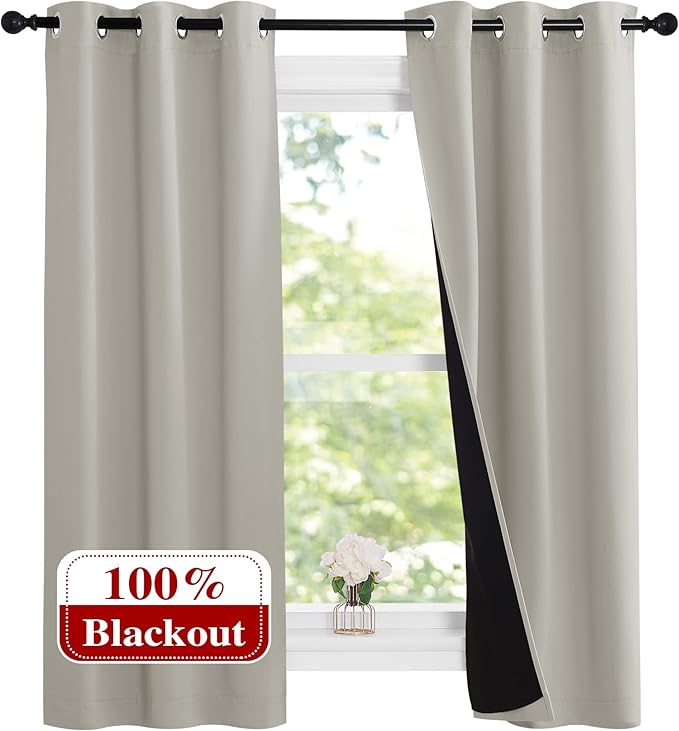 NICETOWN Natural 100% Blackout Lined Curtains, 2 Thick Layers Narrow Wide