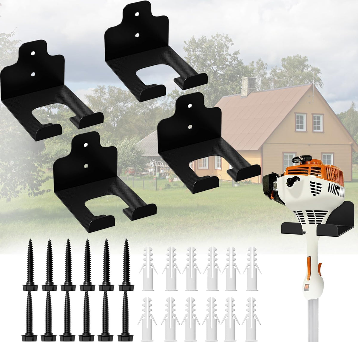 Garage Organizer Trimmer Rack, Wall Mounted Tool Hanger for Grass Trimmer, Hedge Trimmer, Weed Whackers & Garden Tools â Heavy Duty, Space-Saving, Anti-Rust Storage Rack for Garage & Home,4 PCS