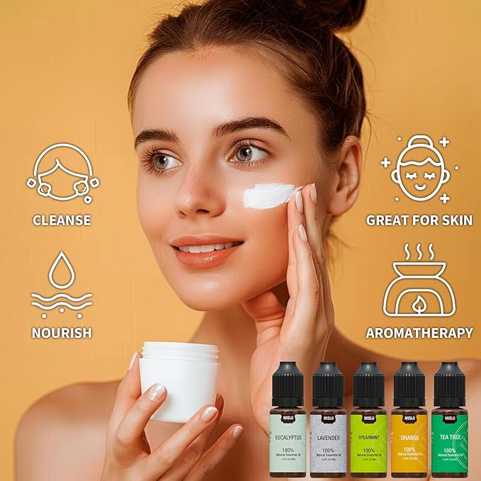 MISIJI Essential Oils for Diffuser for Home, Top 5 Aromatherapy Oils,Candle&Soap Making,10ml(Orange, Lavender, Peppermint, Eucalyptus, Tea Tree)