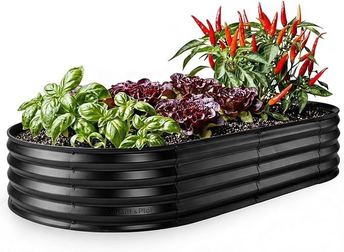 Plant & Plot Galvanized Raised Garden Beds Outdoor // 6Ã3Ã1 ft Planter Raised Beds for Gardening, Vegetables, Flowers // Large Metal Garden Box // Patented Tool-Free Design (Black)