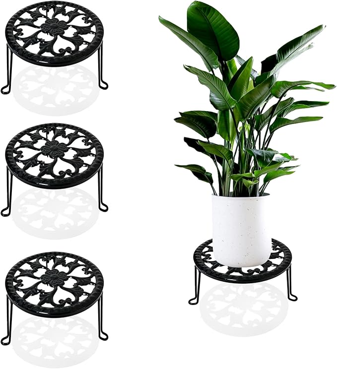 3 Pack Metal Plant Stand Indoor Outdoor, Heavy Duty Flower Pot Stands for Multiple Plants, Black Iron Plant Holder for Planters, Round Plant Shelf for Patio Garden Balcony Living Room