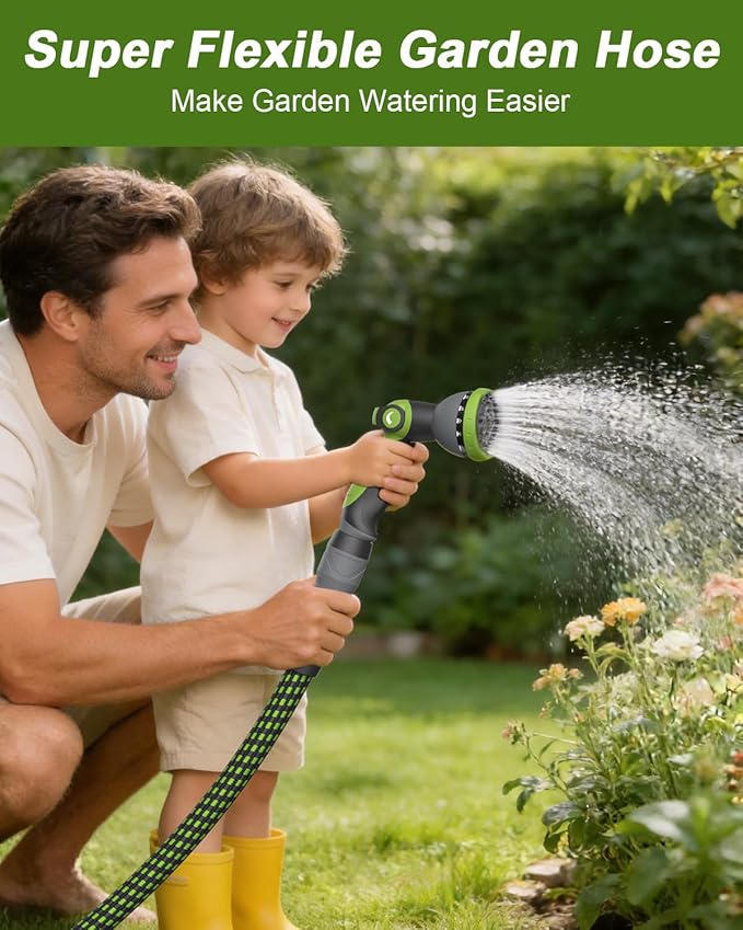 Garden Hose, Flexible Ultra Lightweight Durable, Kink-Free Water Hose with 10 Function Sprayer - Non-Shrinking, Easy to Store, All-Weather, High-Pressure (50FT)