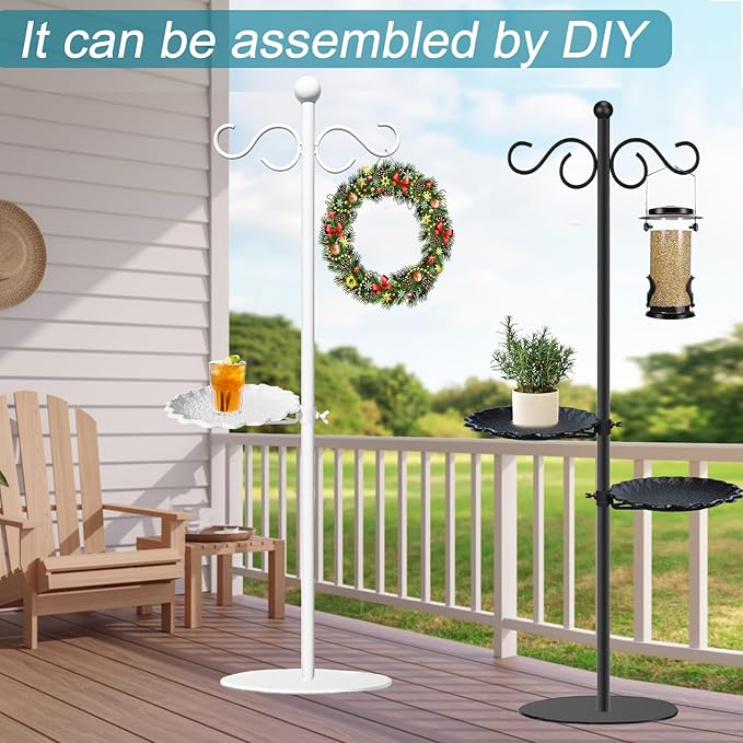 Upgraded 74" Shepherd's Hook for Bird Feeder,Floor Hanging Plant,Wind Chime Stand, Waterproof Metal & Adjustable-Height Standing Pole Holder for Lantern and Wreath, Indoor & Outdoor(2 Placement Racks)