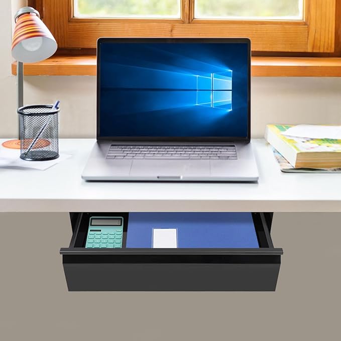 FFanhia 16 Inch Under Desk Mounted Sliding Pull-out Drawer Storage for Sit Stand Workstation Office(Applicable Table Thickness: 0.79in) Black