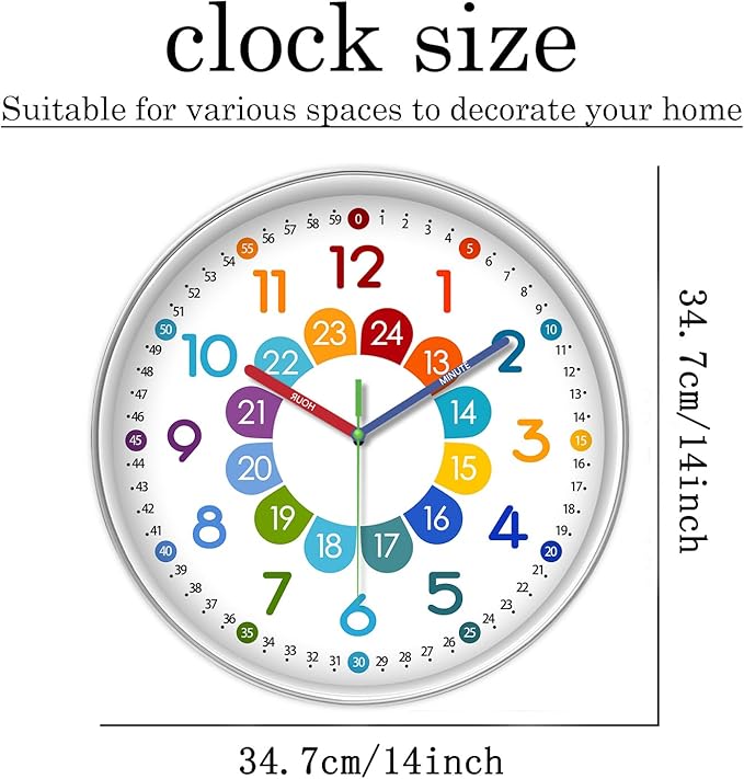 XFM Colorful Kids Wall Clock for Bedroom 14 Inch Round Learning Clock