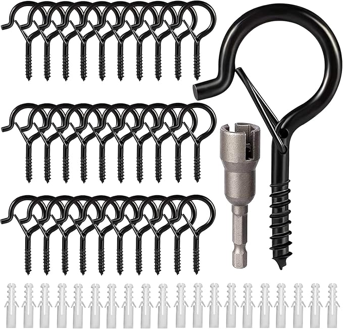 Hooks for Outdoor String Lights, Ceiling Screw Hooks with Safety Buckle Design for Hanging Plants Christmas Lights Party Led Wind Chimes, Black Q Hanger with Wing Nut Driver, 30 Pack