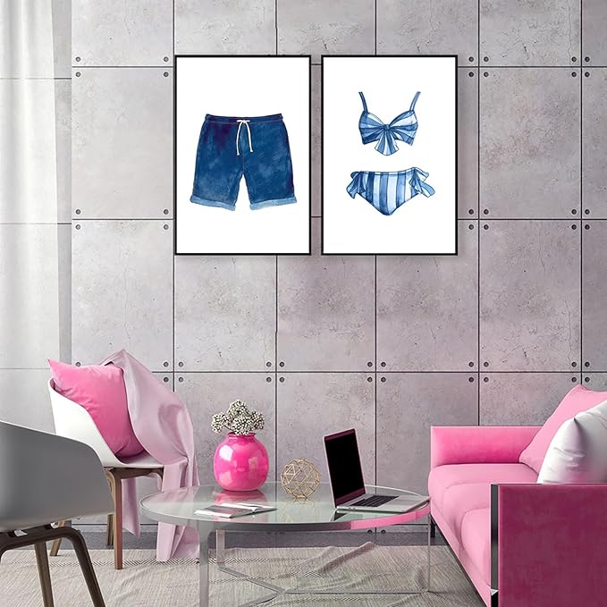 Liyark Set of 2 Retro Navy Blue And White Swimsuit Art Posters Beach Bathing