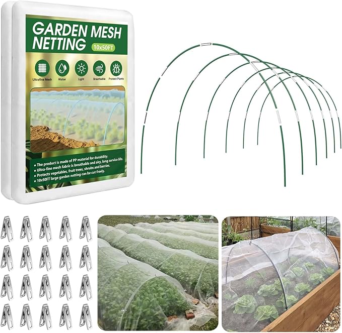 Garden Netting Kit for Raised Beds, 10x50FT Ultra Fine Mesh Nettingï¼ 6 Sets of 8FT Fiberglass Garden Hoops, Row Cover Insect Netting for Vegetable Plant Fruit Flowers Protection