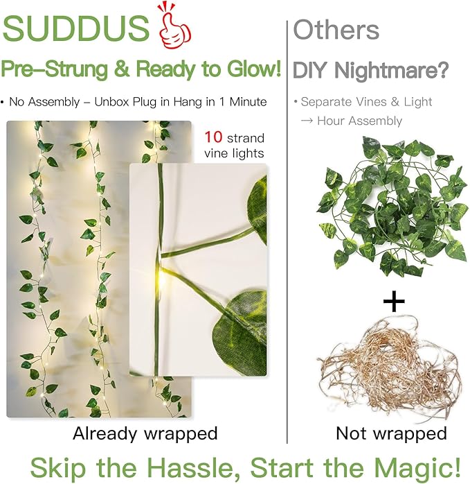 suddus 300 LED Vines with Lights Plug in, 9.8ft x 9.8ft Fairy Lights with Vines