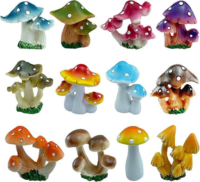 12 Pcs 1.5 to 1.8 Inch Resin Mushroom,Cute Mushrooms Fairy Garden Mushrooms Ornaments for Outdoor Decoration,Home Décor,Cake Decoration,DIY Bonsai Craft â¦