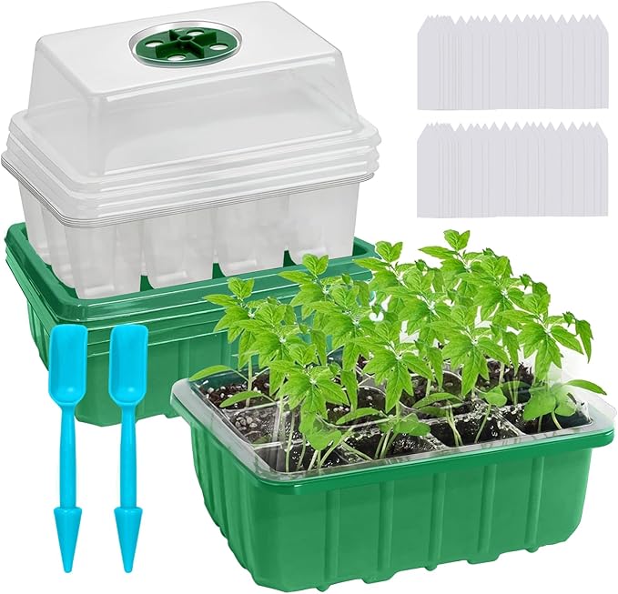 60-Cell Seed Starter Tray, 5 Pack â Cells Plant Grow Kit with Humidity-Vented Domes and Base for Organic Seed Germination, Ideal Plant Starter Kit with Labels & Transplant Tools
