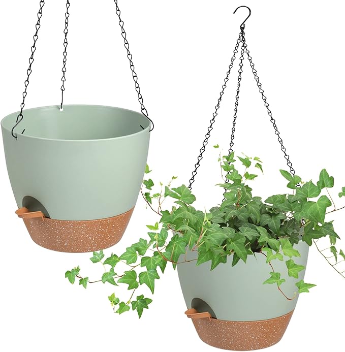 Hanging Planters for Indoor Outdoor Plants, 2 Pack Self Watering Hanging Pot with Drainage Holes & Removable Tray (Green, 8'')