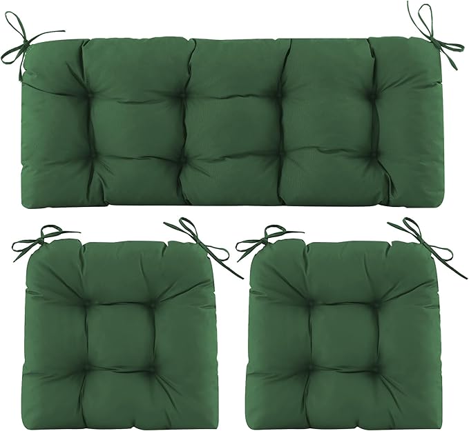 Wicker Chair Cushions of 3 Pieces, Waterproof Cushions for Patio Furniture, Tufted Wicker Outdoor Furniture Cushions, 1 Patio Loveseat Cushion and 2 U-Shaped Cushions, 44"x19"x5", Dark Green