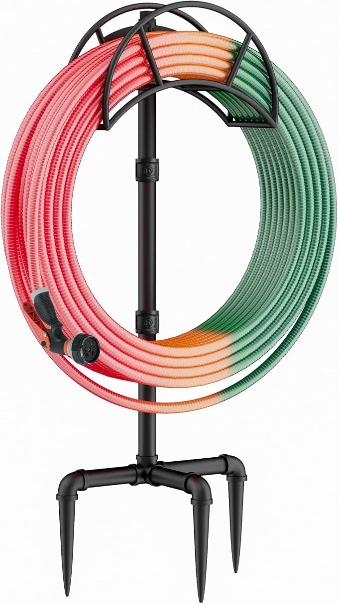 Freestanding Garden Water Hose Storage Holder Stand for Outside, 160-Ft Hose Heavy Duty Metal Hanger Reel Organizer Outdoor Yard Lawn, Standing Keeper Rack with Ground Stake, Black GHH01B
