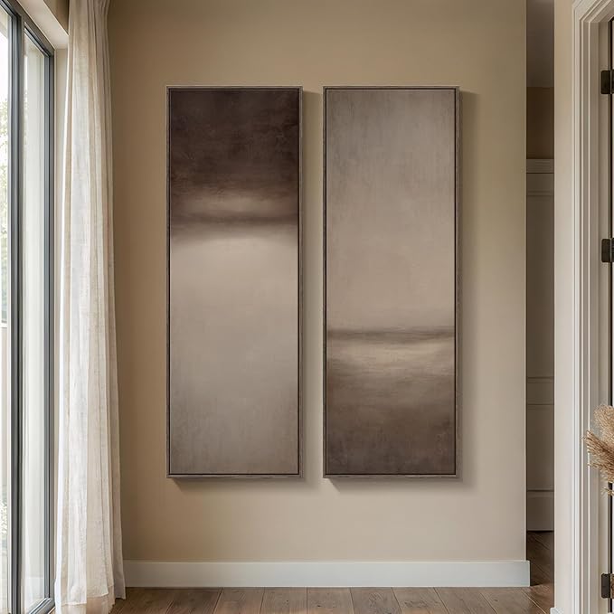 Long Narrow Framed Brown and Beige Neutral Abstract Vertical Wall Art,