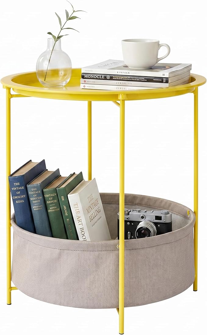 VECELO Round Side/End Table with Fabric Storage Basketï¼Metal Anti-Rust and Waterproof Small Bedside Nightstand with Removable Tray Top for Living Roomï¼Balcony & Laundryï¼Yellow /1pcs with Basket