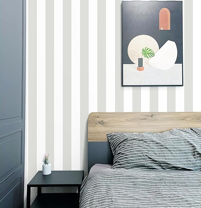 Guvana 17.7"x118" Grey and White Wallpaper Striped Peel and Stick Wallpaper