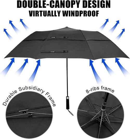 G4Free 62-Inch Portable Golf Umbrella - Oversized Double Canopy, Windproof & Waterproof | Black