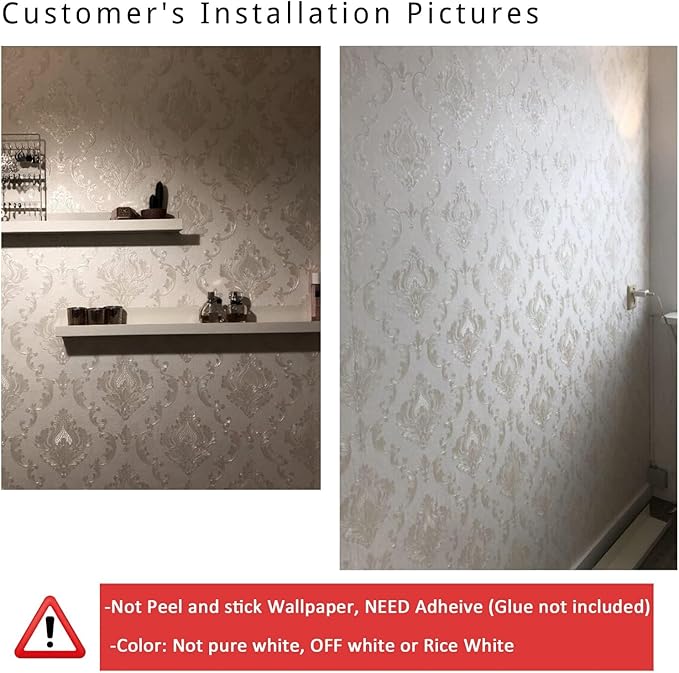 AMINAH DECO Cream White Damask Decorative Textured Floral Wallpaper Non-Woven