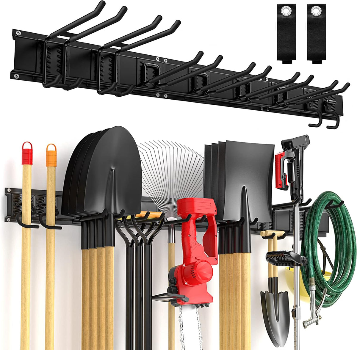 Garage Tool Organizer Wall Mount 11 PCS Garden Tool Organizer Adjustable Garage Organizers with 8 Heavy Duty Hooks, Max Load 500lbs Garage Storage for Yard Garden Tools, Shovels, Trimmers, Hoses