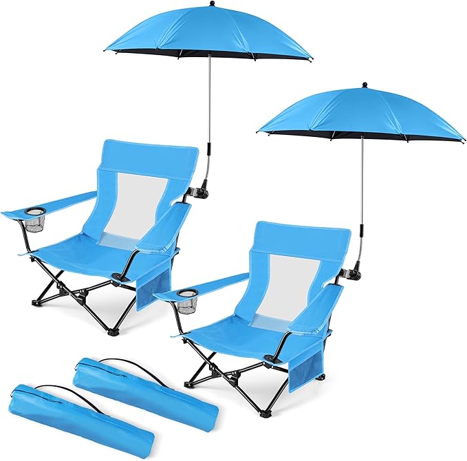 HaSteeL Low Beach Chair Set of 2, Foldable Blue Camping Chair with Adjustable Umbrella Set for Adults, Lightweight Portable Lawn Chairs for Fishing, Picnic, Outdoor BBQ, Travel, Sports