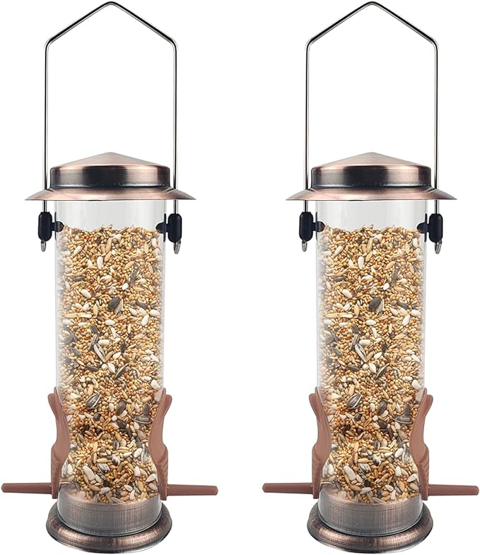 MIXXIDEA Wild Bird Feeders for Outdoors Hanging 2 Pack Stainless Steel Tube Bird Feeder, Water Resistant Finch Bird Feeder for Garden Backyard Decoration Attractive Metal Thistle Feeder (Copper)