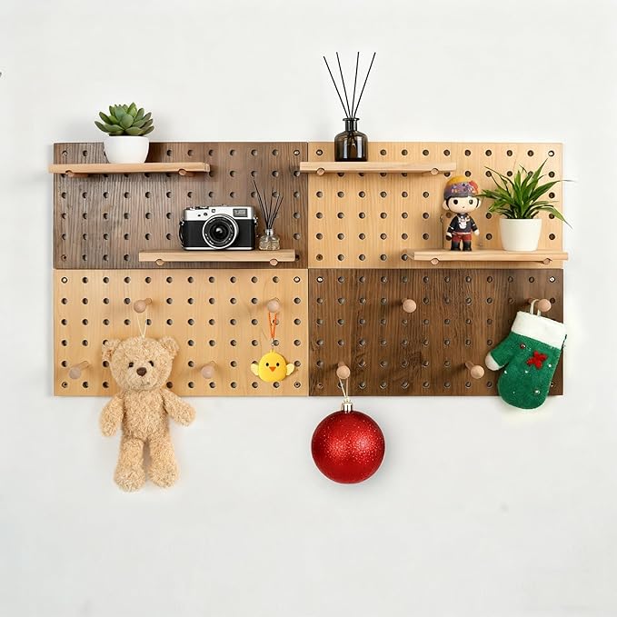 Brown & Beige Wood Pegboard Modular Display Wooden Pegboard Combination Wall