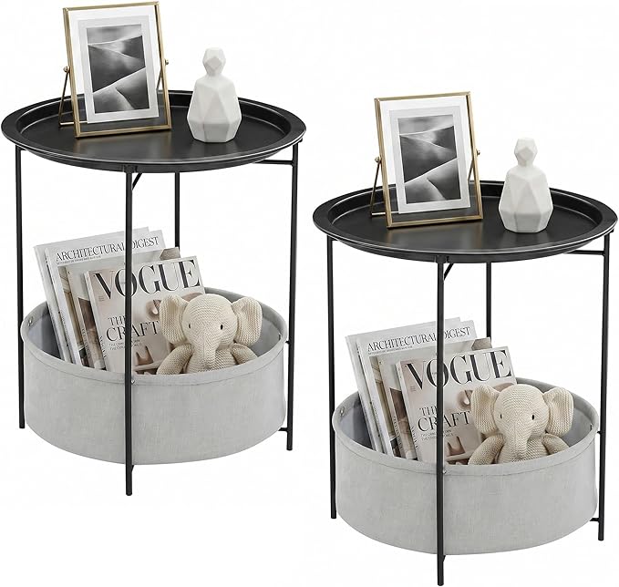 VECELO Round Side/End Table with Fabric Storage Basketï¼Metal Anti-Rust and Waterproof Small Bedside Nightstand with Removable Tray Top for Living Roomï¼Balcony & Laundryï¼Black /2pcs with Basket