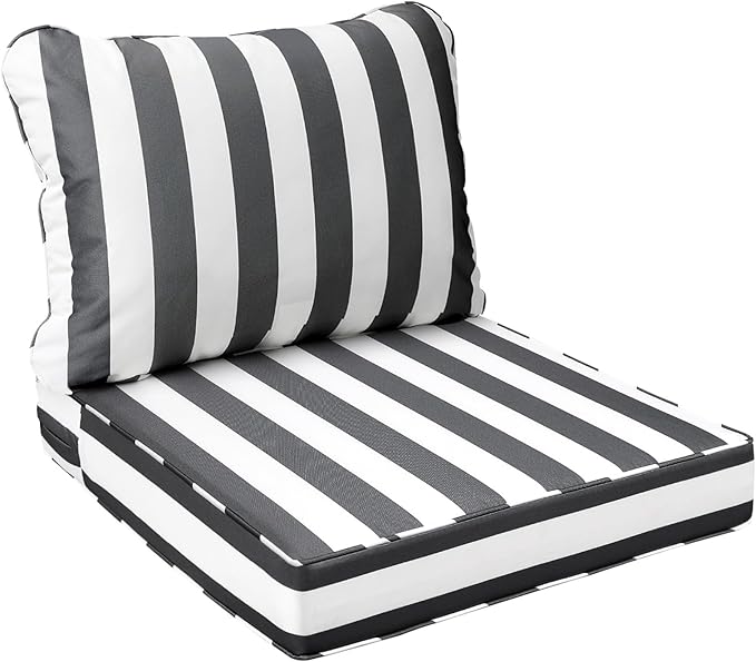AAAAAcessories Outdoor Seat Cushions for Chairs, Fade-Resistant, Waterproof Patio Furniture Replacement Cushions, 21" x 19" x 3" + 21" x 19", Gray Cabana Stripe