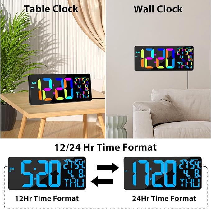 18" Digital Wall Clock Large Display, 11 RGB Color Changing Large Digital Wall