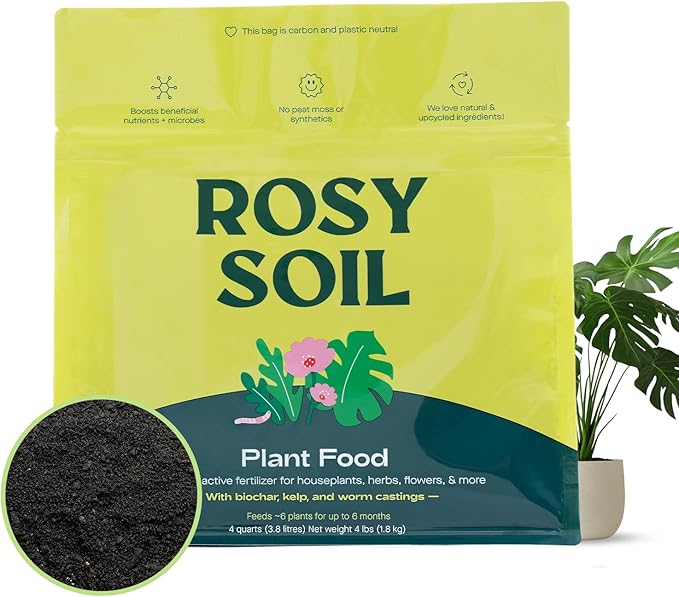 Rosy Soil Plant Food â Microbially Active Fertilizer for Houseplants, Herbs & Flowers â Biochar, Kelp, Worm Castings â Organic Indoor Plant Food â 4 Quarts
