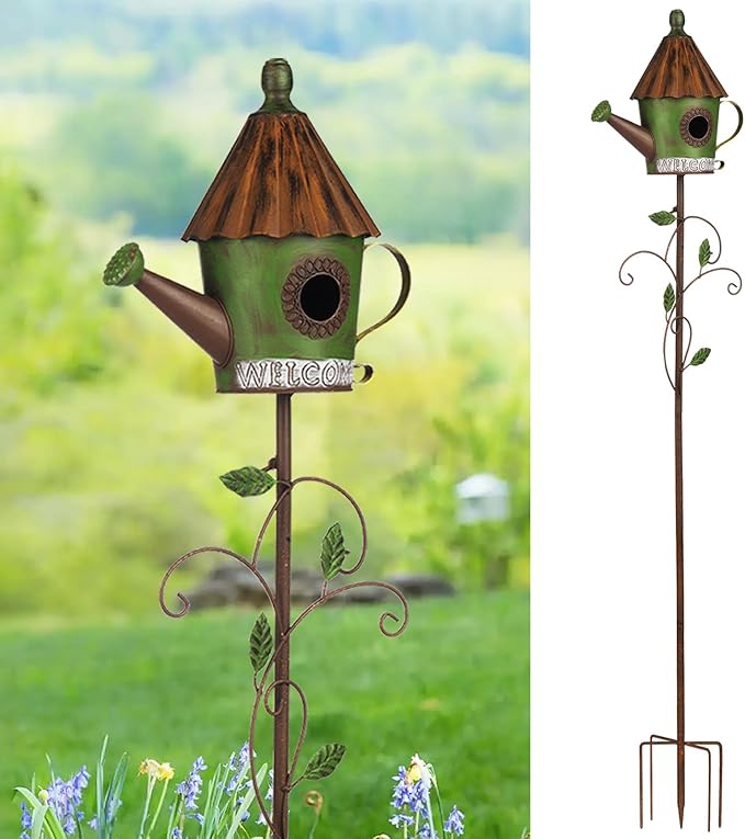 BAYN 57â Bird Houses Stake for Outside, Metal Watering Can Birdhouse Garden Stake Wild Bird Feeder Pole with Welcome Sign Outdoor Decorations for Patio, Backyard, Garden