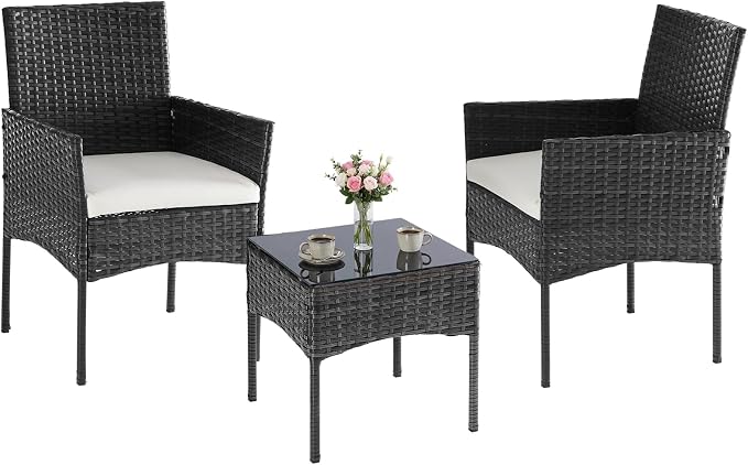NEWBULIG 3-Piece Patio Furniture Set, Weather-Resistant Outdoor Wicker Furniture with Washable Cushion & Tempered Glass Tabletop, Durable Outdoor Seating for Balcony, Porch, Deck Black