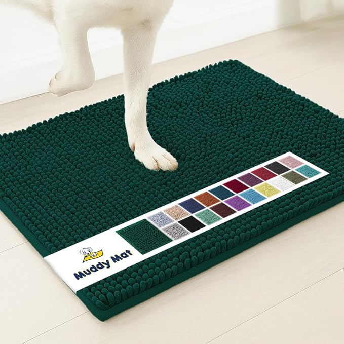 Muddy Mat® | Super Water Absorbent Door Mat Indoor, Microfiber Quick Dry Chenille Entryway Rug, Slip Resistant Front Door Mat, Indoor Mats for Entryway, Machine Washable Pet Rug, Dark Green 28"x18"