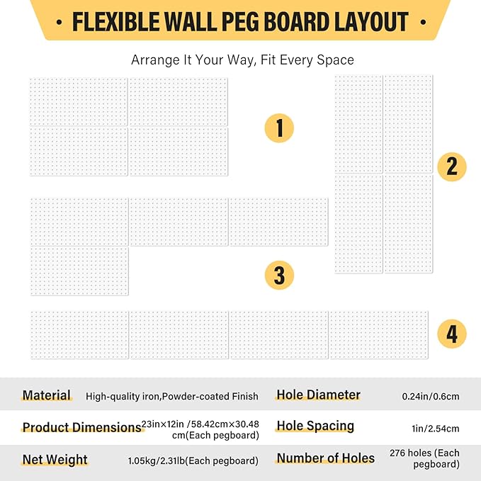 DEWEL Peg Board, 23" x 12" Metal Pegboard Panels, 4 Pack Metal PegBoard Organizer with Accessories, Wall Organizer Peg Board for Garage and Garden Tool Storage, Includes Installation kit(4pcs white)