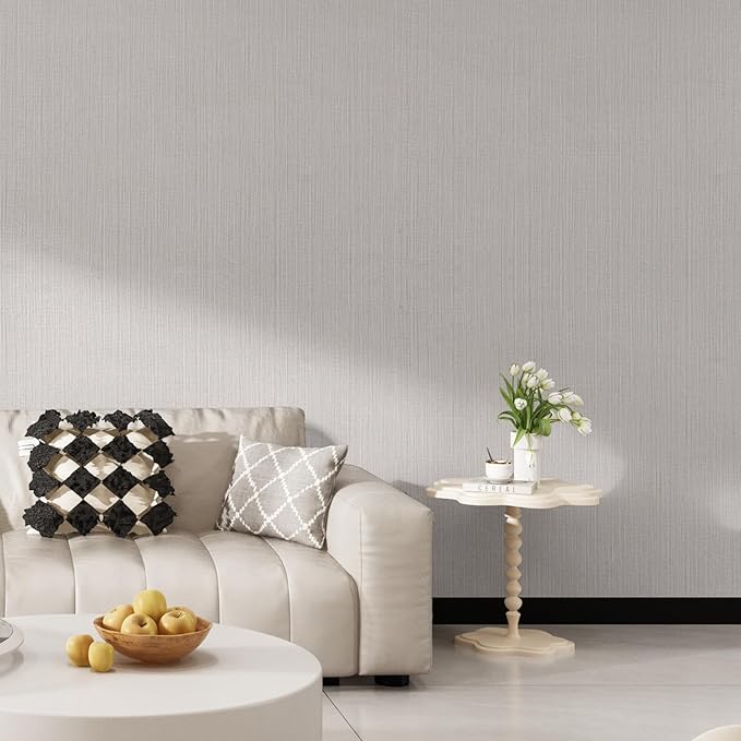 FUKU MON White Gray Grasscloth Fabric Wallpaper 23.6" X 393" Thick Classic
