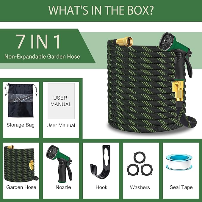Garden Hose Non-Expandable 75 ft, Lightweight Flexible Water Hose with 10 Function Spray Nozzle, Outdoor Leak Proof, Kink-Free, Portable Hose for Yard, Lawn, Camper, High-Density Fabric, Black Green