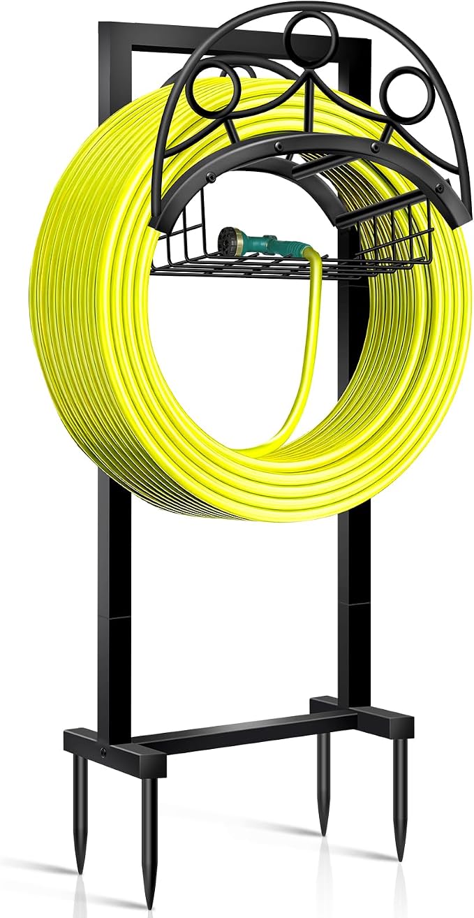 Garden Hose Holder â Detachable Water Hose Holders Stand, Holds 160-Feet Hose, Freestanding Metal Hose Storage Hanger Rack with Storage Basket for Outside Yard Lawn Farm