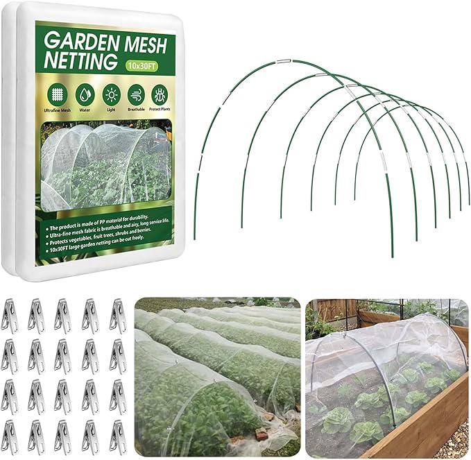 Garden Netting Kit for Raised Beds, 10x30FT Ultra Fine Mesh Nettingï¼ 6 Sets of 8FT Fiberglass Garden Hoops, Row Cover Insect Netting for Vegetable Plant Fruit Flowers Protection