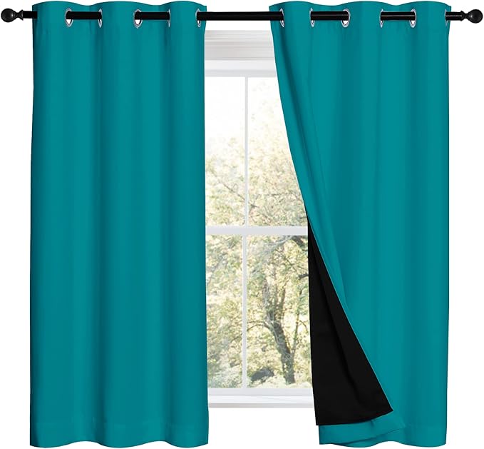 NICETOWN Peacock Teal 100% Blackout Lined Curtains, 2 Thick Layers Completely