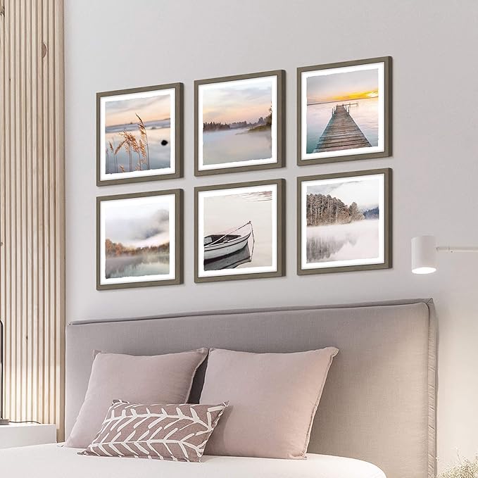 Modern Framed Lake Photo Painting: 6 Pieces Romantic Mountain Fog Prints Soft Colorful Landscape Wall Art Calming Nature Forest Water Painting Horizontal Multi View Scenery Artwork for Living Room