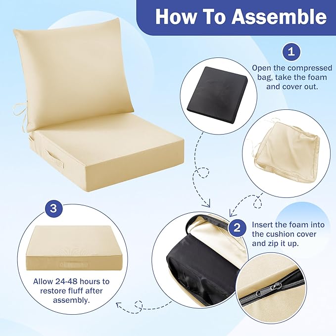 IASEAHK Outdoor Seat Cushion Set, Waterproof & Fade Resistant Patio Chair Cushions, Outdoors Cushion for Patio Furniture, 24 x 24 x 5.75 Inch, Outdoor Couch Cushions with Handle and Ties, Light Khaki